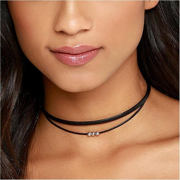 Jewelry - Boho Layered Leather Rope Necklace Choker Black Leather Cord Choker Neck…